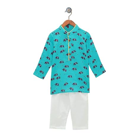 Boys Cotton Animal Print Full Sleeves Kurta With Pajama in Turquoise Color