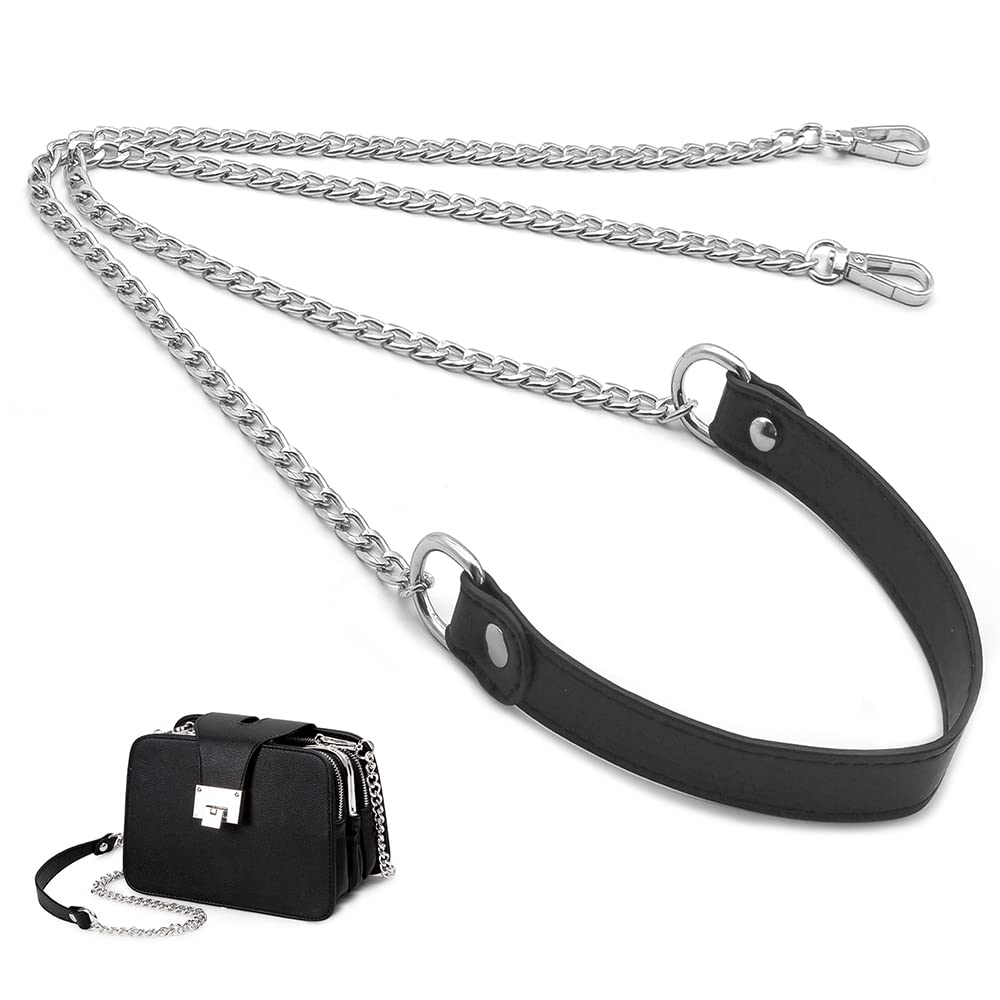 YDHfdc Leather Straps - 120 cm Long Bag Chain Strap with Black Leather and Metal Buckles for Wallets, Handbags, Backpacks and DIY Crafts