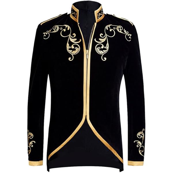PYJTRL Mens Stylish Court Prince Black Velvet Gold Embroidery