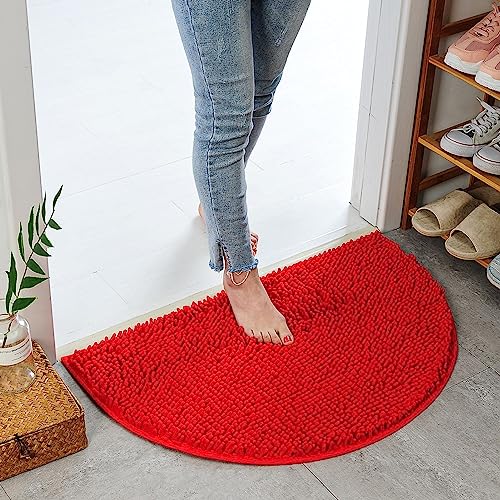 Eanpet Half Round Bath Mat Non-Slip Red Bathroom Rugs Semicircle Chenille Bath Rugs Water Absorbent Floor Mats for Kids Ultra Soft Washable Bathroom Dry Fast Shower Mat Area Rugs (23.6" x 35.4")