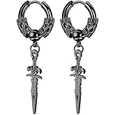 Men's Fashion Korea Style Stainless Steel Huggie Hinged Hoop Earrings with Long Chains Dangle Retro Feather Leaf Skull Awl for Men Women Boys