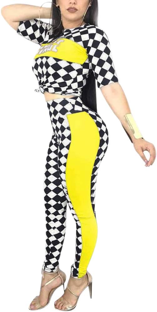 NVXIYYA Womens Sexy 2 Piece Outfit Letter Print Plaid Crop Top Legging Tracksuit