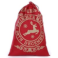 Large Christmas Bags Santa Sacks ~ Reusable Cotton Sack Designs - Red & Gold Reindeer Mail Design - 27" x 19" Size by Jolly Jon ® (Red & Gold Reindeer Mail)