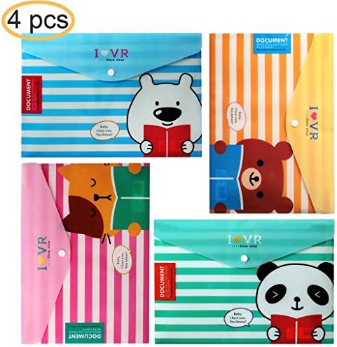 JX Hornet Premium Lovely Animal Cartoon Printed Letter/A4 Booklet Document File Envelope Folder Holder Organizer Bag ,With Snap Button,Soft Plastic Quality,Different Colors,Size 9"13" ,Pack of 4 Pcs