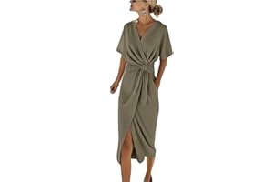 Womens 2026 Knot Waist Midi Dress V Neck Draped Wrap Sheath Batwing Sleeve Tulip Hem Wedding Guest for Ladies Wear