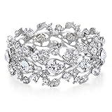 FAYBOX Clear Silvery Rhinestone Leaf Tree Themed Bridal Stretch Bracelet Ceremony Wedding