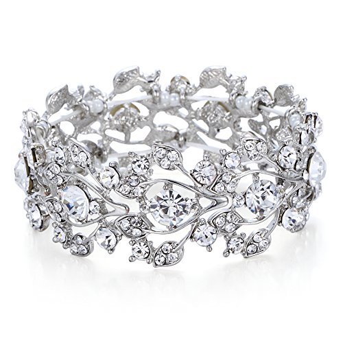 FAYBOX Clear Silvery Rhinestone Leaf Tree Themed Bridal Stretch Bracelet Ceremony Wedding