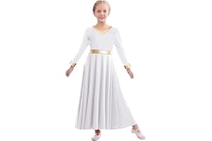 TLMNU Girls Praise Dance Dress Metallic Gold Liturgical Worship Church Robe Full Length Swing Lyrical Costume