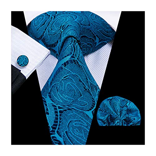 Hi-Tie Mens Blue Rose Floral Tie and Pocket Square Cufflinks Tie Set Gift Box
