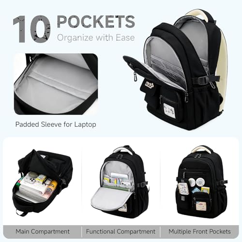 Tanou Girls Backpack, Large Capacity School Bag Teenager Waterproof Polyester School Bags Fashion with Star Pendant for Primary School and College, Black