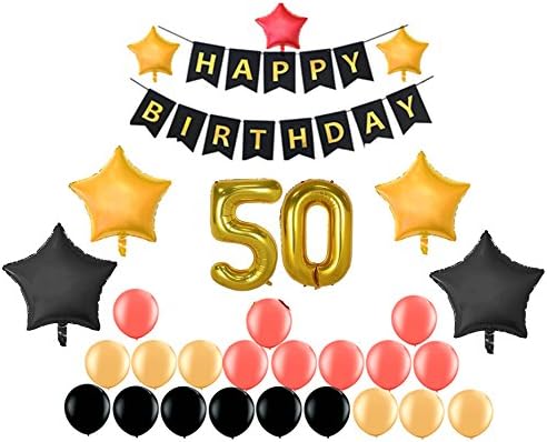 JoyAcc 50th Birthday Party Decoration Set - Happy Birthday Banner, 50th Foil Gold Number Balloons, Gold and Black Five-Pointed Star Balloon, 20 pcs Latex Balloons, LOVE, The Number "50"Cupcake Toppers
