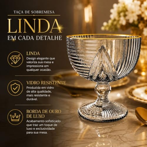 Jogo 6 Taças de Sobremesa de Vidro Borda Dourada Fio de Ouro 330ml Taças para Sorvete Mousse e Pudim com Design Imperial Elegante