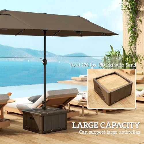 Outsunny 3-in-1 Outdoor Umbrella Base, Coffee End Table, Flower Box Planter with Drain Hole, Square Plastic 176lb Sand Fillable Patio Umbrella Stand Table w/Wheels, Handles, Brown