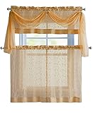 Linen Leaf 4 Piece Embroidered Kitchen Curtain Set (Gold)