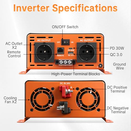 SolaYnc 4000W/8000W 24V 220V/230V Pure Sine Inverter DC AC Sine Wave Inverter, with LCD Display, Remote Control, 2 EU AC Sockets, Type-C 30W Interface and USB Port, for Cars, Boats, Trucks