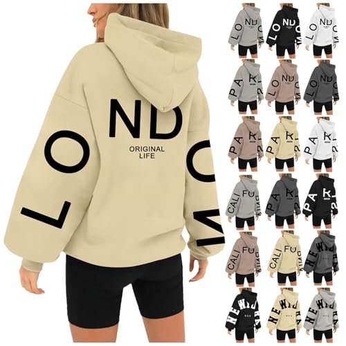 ladies jumpers,Hoodies for Women UK Fall Winter Long Sleeve Hoody Sweatshirts Pullover Trendy Y2K Fashion Loose Shirts Tops Casual Holiday Festival Activewear Clothes Oversized,Beige,L