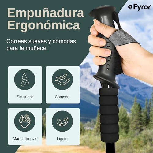 Fyror® 2 x telescopic trekking poles 62-135 cm with anti-shock system. Includes bag and accessories. Hiking sticks, ideal for the Camino de Santiago.