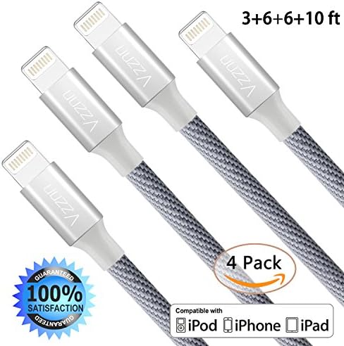 Lightning Cable,Vzznn 4Pack (3FT, 6FT, 6FT,10FT)Nylon Braided Lightning to USB Cable Fast Sync Charging Cord Cable for iPhone 7, 7Plus, 6s, 6, 6Plus, 6sPlus, iPhone 5s 5 5c, iPad, iPod (Light grey)