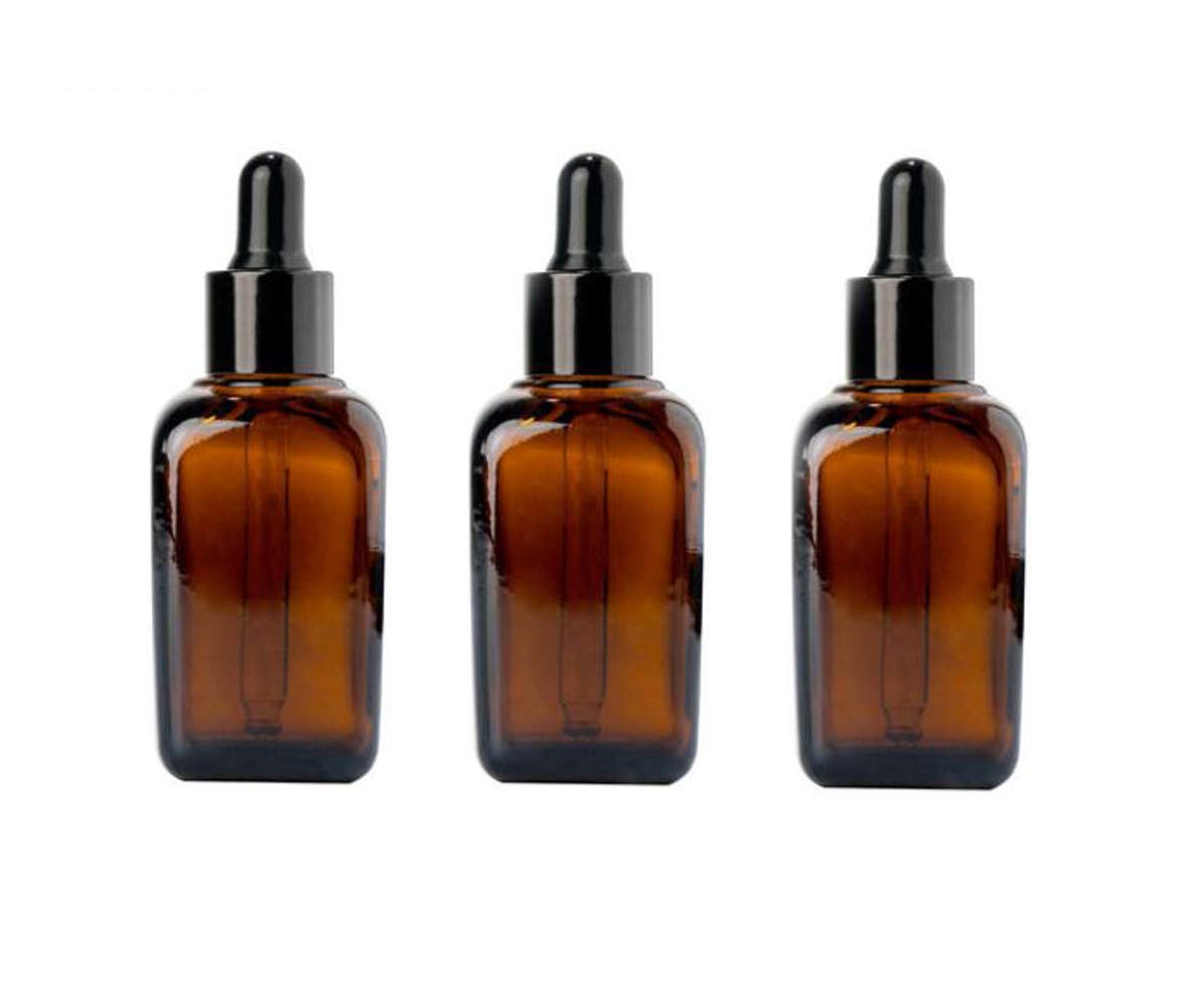 ericotry 3PCS 50ml Empty Refillable Square Amber Glass Droppers Essential Oil Bottles Aromatherapy Cosmetics Elite Fluid Container Jar Pot Holder with Glass Eye Dropper and Rubber Bulb