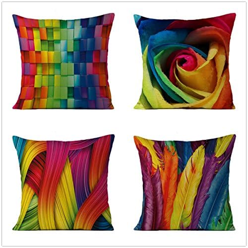 DeMissir 4-PCS Cotton Linen 3D Digital printing Sofa Decorative Pillow Cover Cushion Cases Colorful 18 X 18 Inch Pack of 4