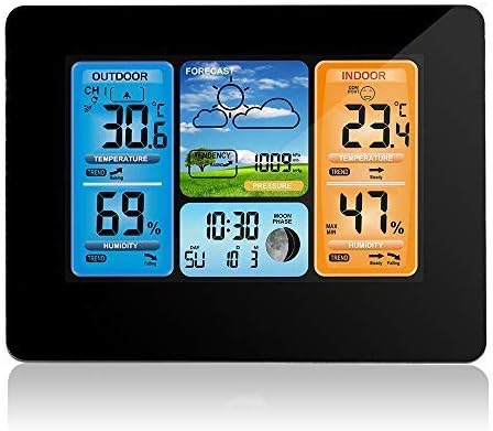 HaiSea Home Wireless Weather Forecast Station, Digital Indoor Outdoor Thermometer, Remote Sensor, Color Display, Barometer Temperature Alerts, Humidity Monitor, Alarm Clock and Moon Phase (New Black)