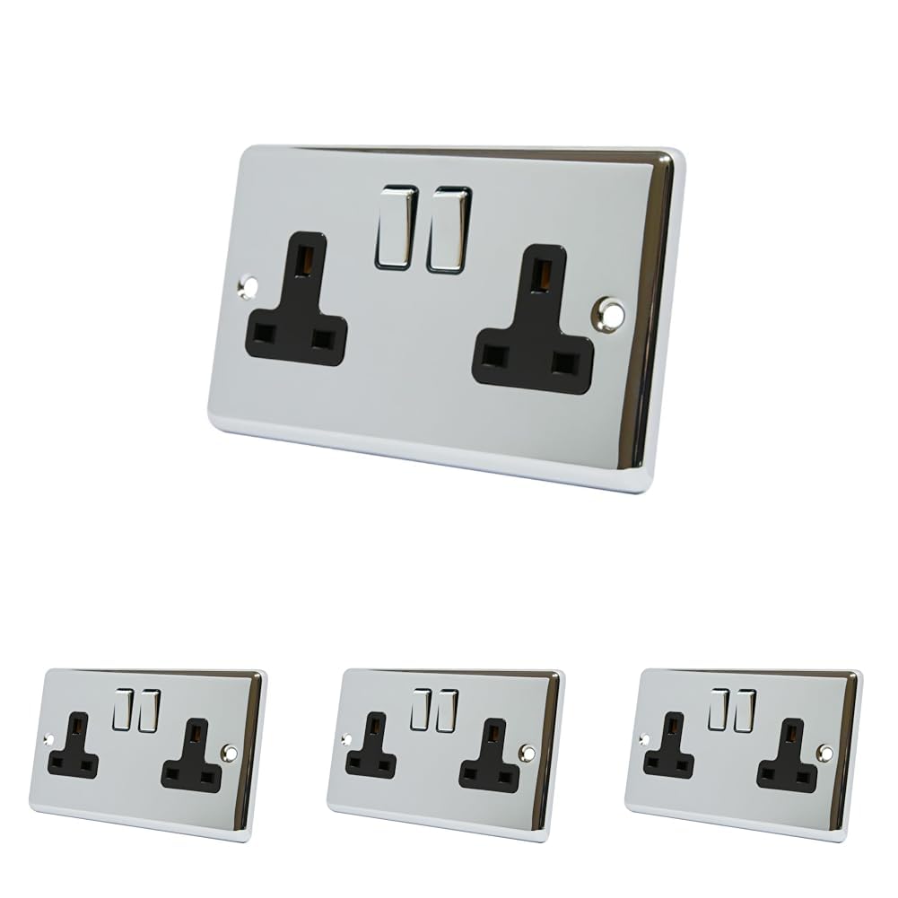 AET CPC2GSOCBC 13 A 2-Gang Polished Chrome Classical Double Plug Socket with Black Insert Metal Rocker Switches (Pack of 4)