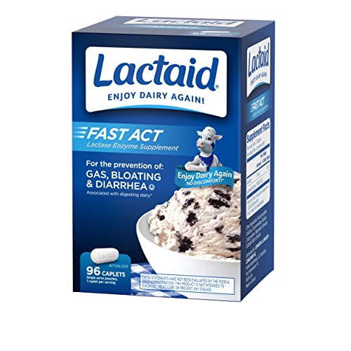 LACTAID FAST ACT LACTOSE INTOLERANCE CAPLETS WITH LACTASE ENZYME, DAIRY RELIEF FROM GAS, BLOATING & DIARRHEA, 9000 FCC LACTOSE INTOLERANCE PILLS, 96 INDIVIDUAL TRAVEL ON-THE-GO PACKS (96 X 1 CT)