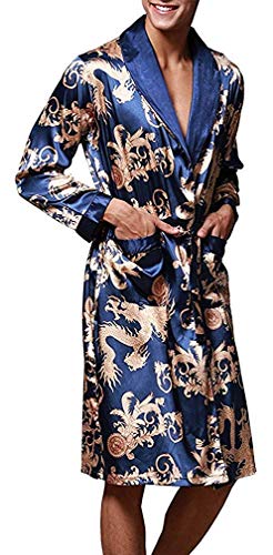 VERNASSA Mens Satin Robe Silk Long Sleeve Kimono Bathrobe Sleepwear Loungewear Royal Blue