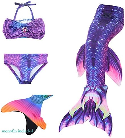 AUIE SAOSA Girl Mermaid Tail For Swimming and Fins Swimwear Cover up Sets 4PC Deep Purple DP120