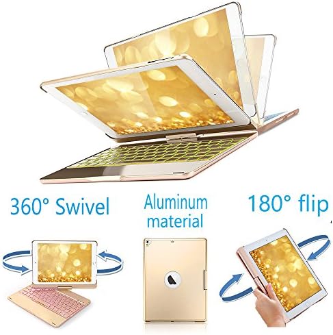 daphnee iPad Keyboard Case for ipad 2017/iPad 2018 (6th Gen, 9.7")/Air 1/Air 2/ipad 9.7/Pro 9.7, 360°Rotating Aluminum Back Cover with 7 Colors Backlit,Auto Wake/Sleep Feature(Gold)