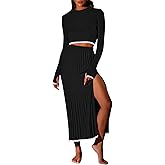 Pink Queen 2 Piece Skirt Outfits for Women Knit Sweater Crop Top Bodycon Party Cocktail Fall Blazer Dresses