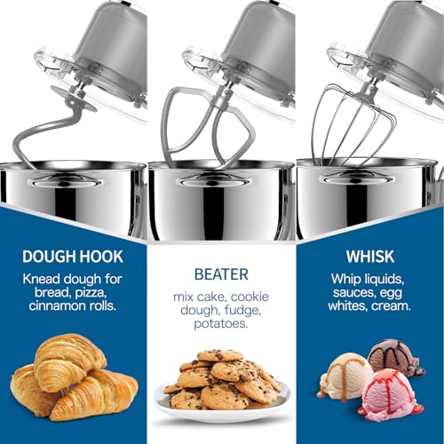 Vospeed Stand Mixer 8L Cake Mixer Electric Kitchen Food Mixer with Stainless Steel Bowl, Beater, Dough Hook, Whisk for Baking, Dishwasher Safe (Grey)