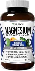 Magnesium & Vitamin D3 with Veggies | High Absorption Glycinate & Malate | for Sleep, Muscle & Leg Cramps, Stress Relief, Bone & Heart Health | Non-GMO Magnesium Supplement | 120 Vegan Capsules