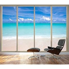 Wall26 - Large Wall Mural - Tropical Beach Seen Through Sliding Glass Doors | 3D Visual Effect Self-Adhesive Vinyl Wallpaper/Removable Modern Decorating Wall Art - 66"x96"