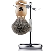 Miusco Badger Hair Shaving Brush and Shaving Stand Set, Chrome Stand, Wooden Brush