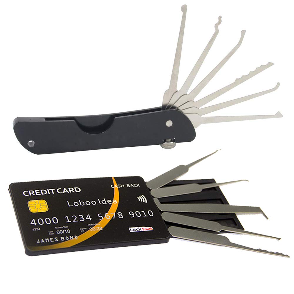 Loboo Idea Pocket Multitool Folding Lock Pick Set with Loboo Idea Credit Card Lock Picking Tool Kit, Mini Lockpick/Locksmith Tool Kit for Beginers and Pro Locksmiths