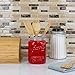 Home Basics Glazed Ceramic Retro Mason Jar Utensil Flatware Organizer Crock (Red)