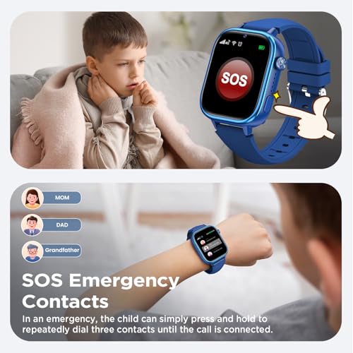 Nuevo 4G Reloj Inteligente Niño con Videollamada & GPS, Smartwatch Niños con SOS, Chat de Voz, Modo Escuela, Podómetro, Despertador, Monitor de Sueño IP68 Impermeable Regalo para Niños Niñas, Azul