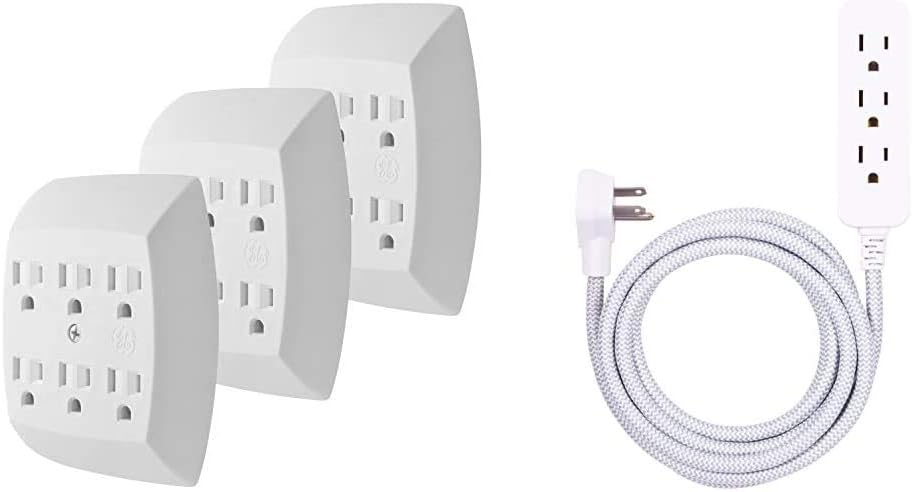 GE 6-Outlet Adapter, 3 Pack, 3-Prong, Grounded, Wall Charging Station, 51532, Standard | White & Designer Extension Cord, Braided Power Cord, 8 ft, 3 Grounded Outlets, Gray/White, 38433