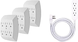 GE 6-Outlet Adapter, 3 Pack, 3-Prong, Grounded, Wall Charging Station, 51532, Standard | White & Designer Extension Cord, Braided Power Cord, 8 ft, 3 Grounded Outlets, Gray/White, 38433
