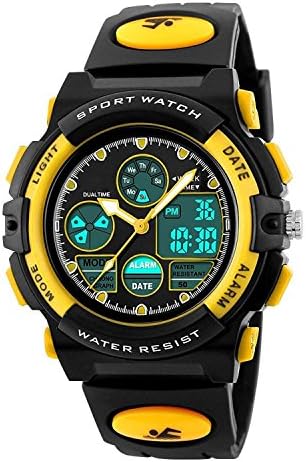 Kids Sport Outdoor Digital Analog Quartz Dual Time Zone Waterproof Rubber Band Watch for Boys Girls Children Yellow