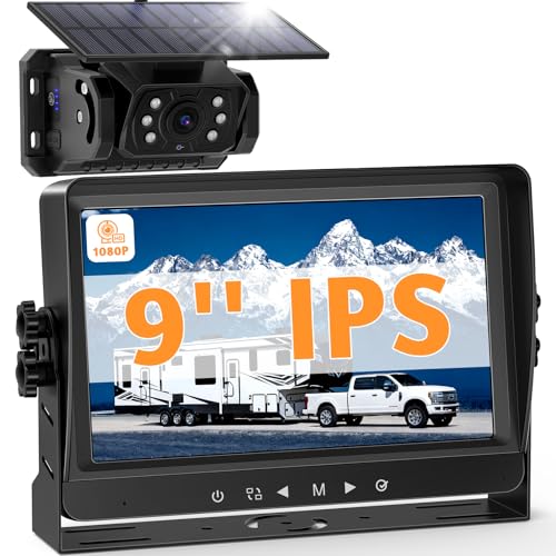 VASTEND Camera de Recul sans Fil Solar avec Moniteur 9" 1080P, 10000mAh Magnétique Rechargeable Batterie, Installation Rapide, Nocturne Nocturne, pour Camions, Camping Car, Caravane(VS-9A)