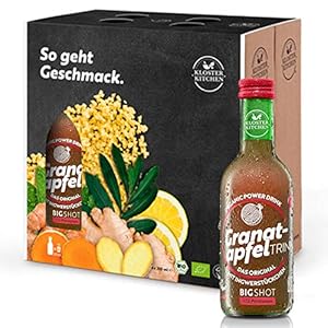Kloster Kitchen – Bio GranaatappelTRINK Bigshot 250ml, 6x 250ml granaatappel en gembershot in glasflessen, 12x…