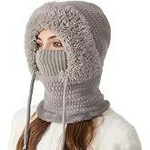 3 in 1 Beanie Hat with Scarf and Mask,Womens Knit Beanie Hat Fleece Lined Winter Scarf Mask Set Snow Caps 7-14 Days delivery