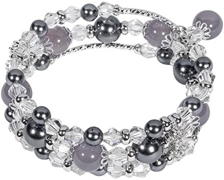 Tomazon Fashion Handmade Faux Pearl Beaded Crystals Stretch Elastic Wrap Around Wrist Bracelet Bangles for Women Girls (3 rows - gray)