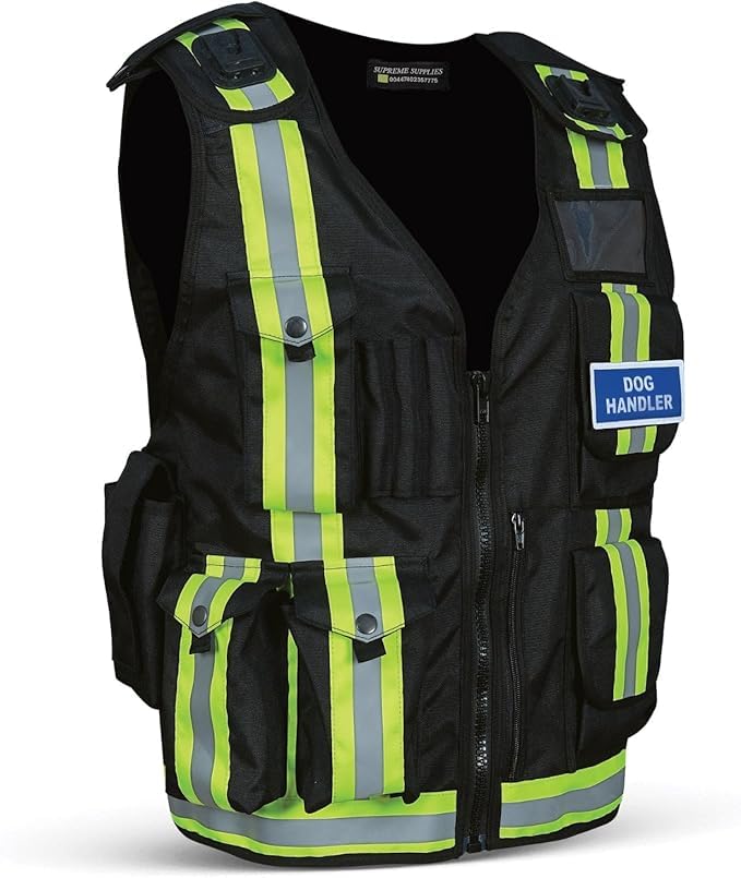 Supreme Supplies High Vis Black Tactical Airsoft Vest - Mesh Reflective Safety Gear for Outdoor Security - Adjustable Premium Design with Multi Pockets (Black, Dog Handler)