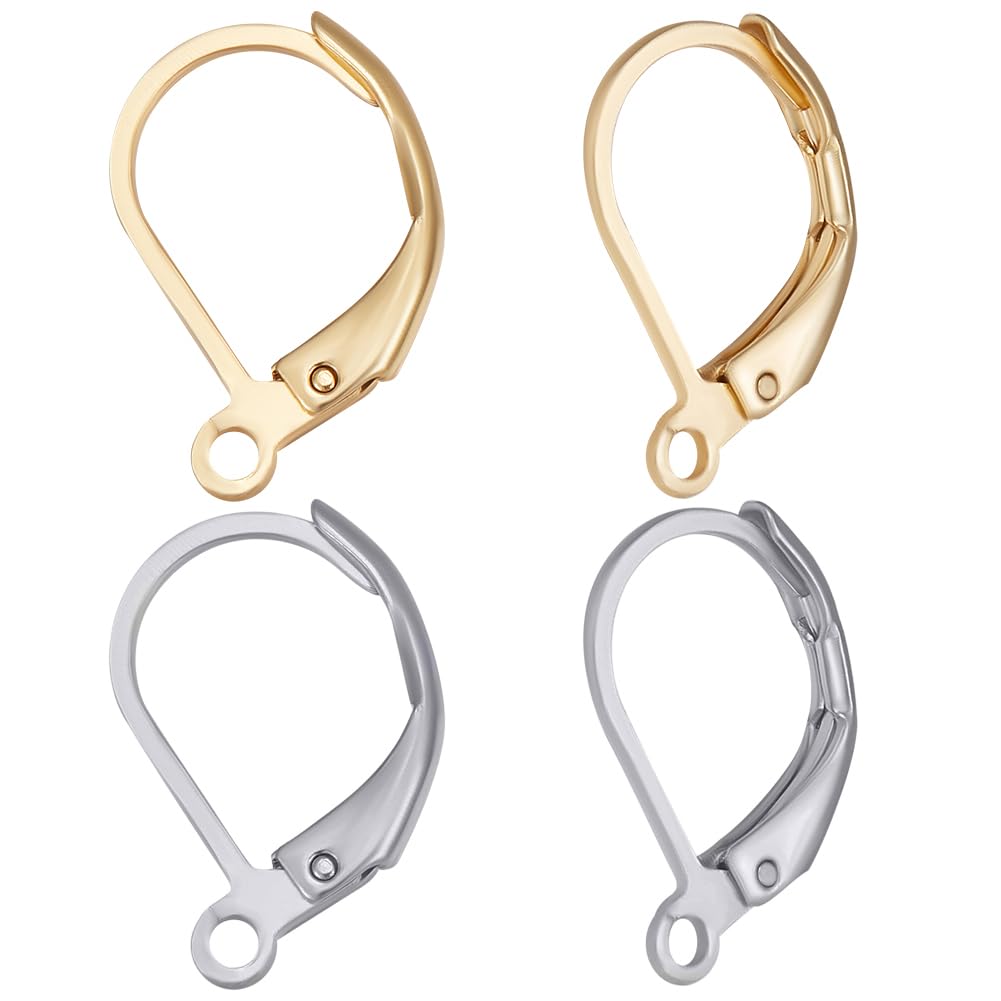 Beebeecraft 1 Box 100Pcs Leverback Earring Findings 24K Gold Plated Stainless Steel Clasp Earring Hooks 15x10mm French Wire with 1.5mm Loops for DIY Jewellery Making