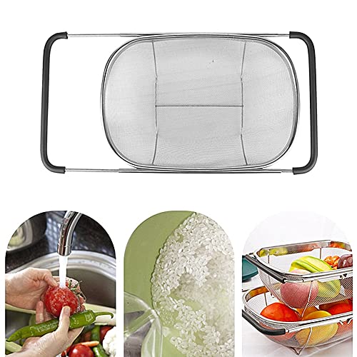 Beauenty Stainless Steel Over the Sink Colander Strainer Basket，Draining Basket，Sink Basket，Sink with Rubber Grip, Fine Mesh, Large Kitchen Gadgets Tools，Strainer Home Kitchen Essentials