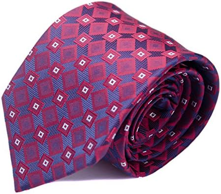 Weltie Men's 100% Silk Necktie, Diamond And Plaid Woven Solid Tie-Dark Red