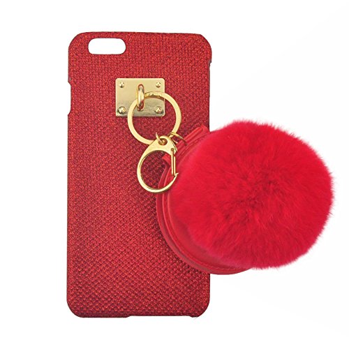 S&C Cute Luxury String of Beauty Mirror Fur Ball Chain Bling Glitter Hard Back Case Cover Phone Case for iPhone 6 6S (4.7") Red